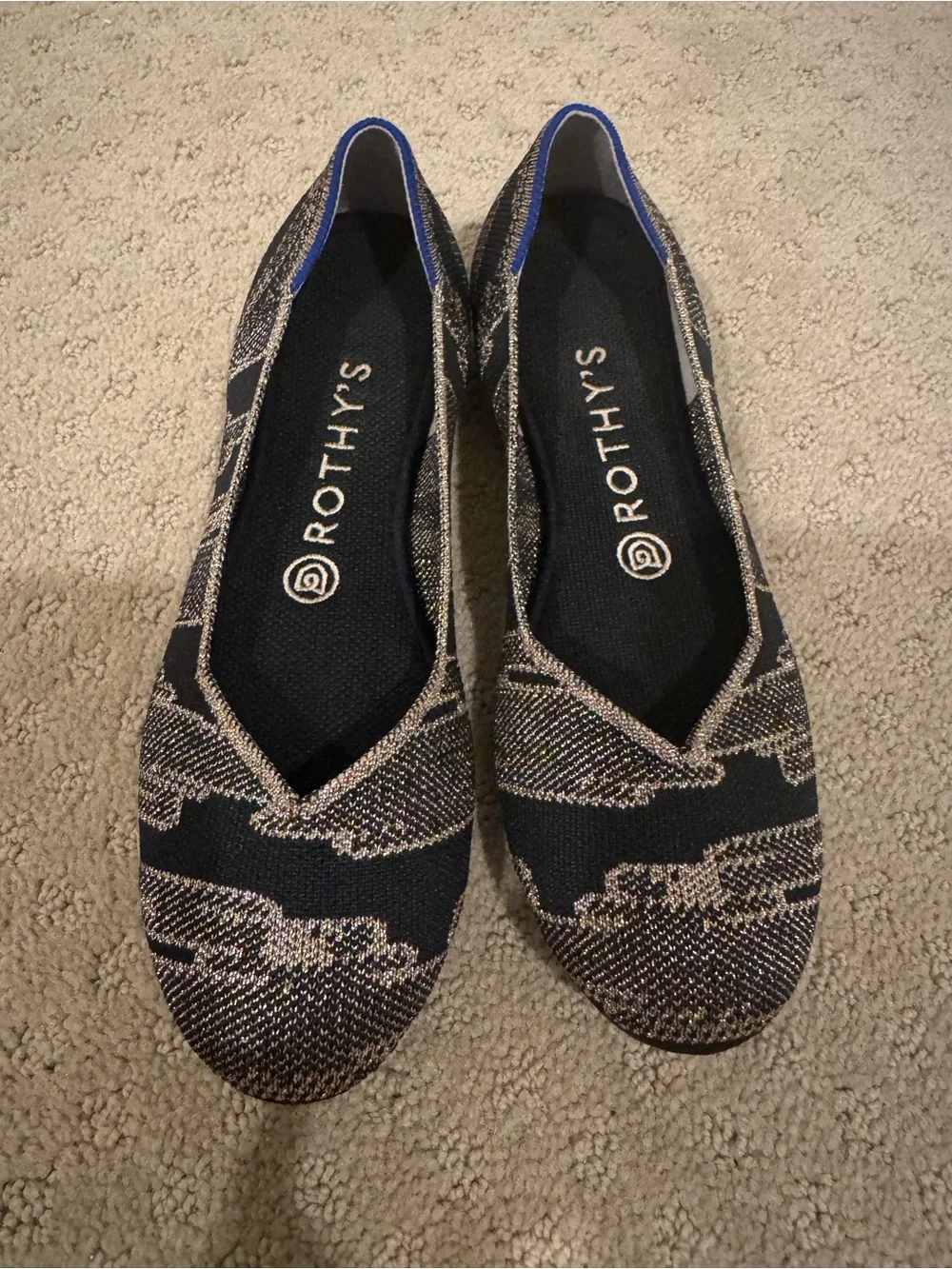 Rothy's Black Flats with Metallic Gold Knit Detail - Picture 1 of 8